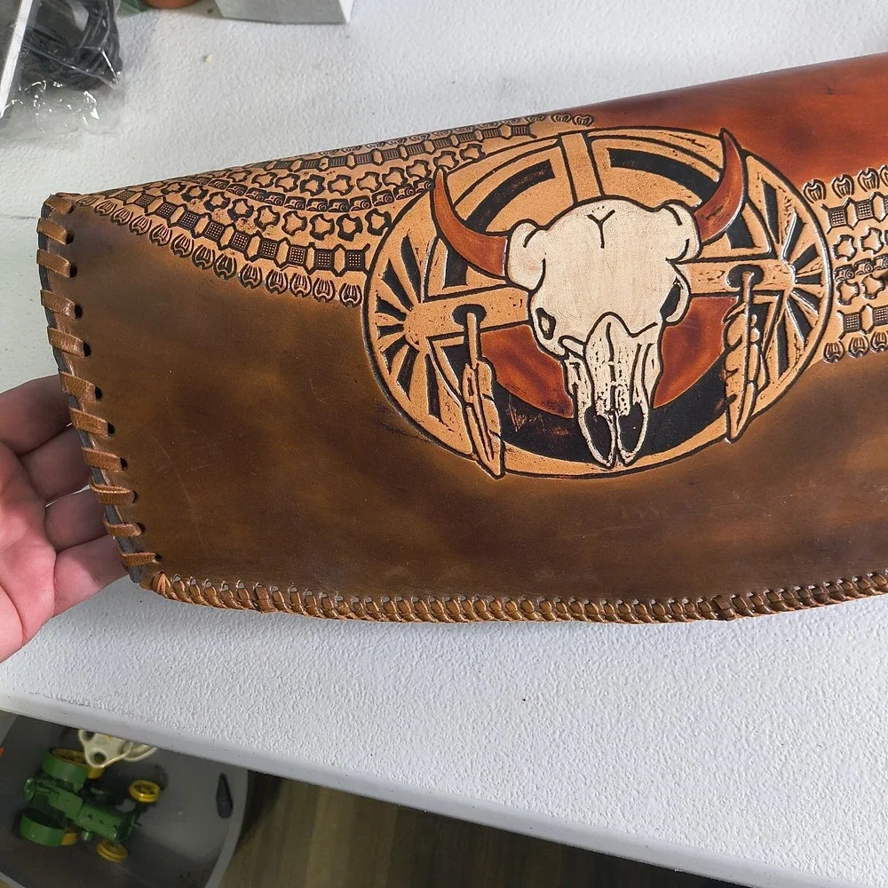 Vintage Hand Tooled Long Horn Skull Leather Rifle/ Shotgun Scabbard / Gun Case